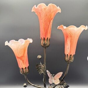Dale Tiffany Bronze Base Tulip Lamp 3 Shade Butterfly Pink Rose Peach Color
